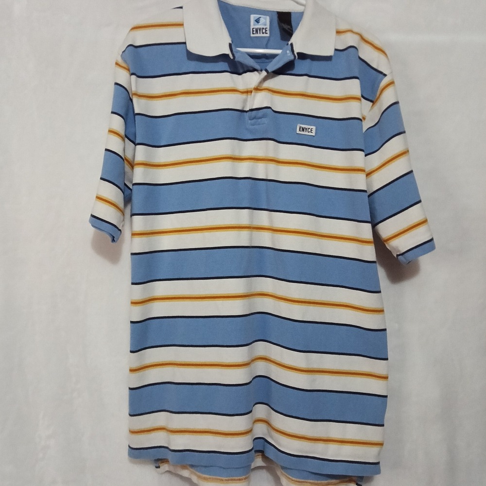 Enyce Mens Large Blue White Striped Pique Cotton Short Sleeve Polo Shirt